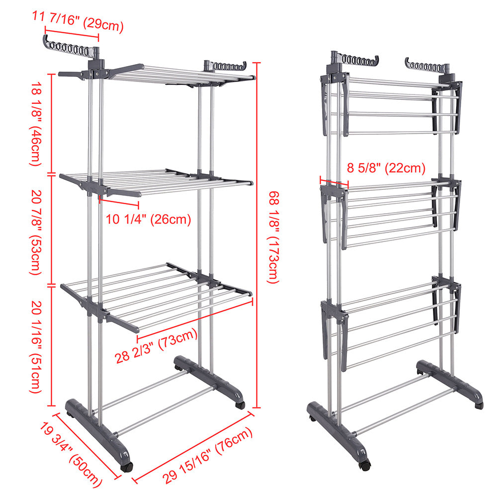 Yescom Laundry Folding Clothes Dryer Rack 3 Tiers w/ Casters Dark Gray Image