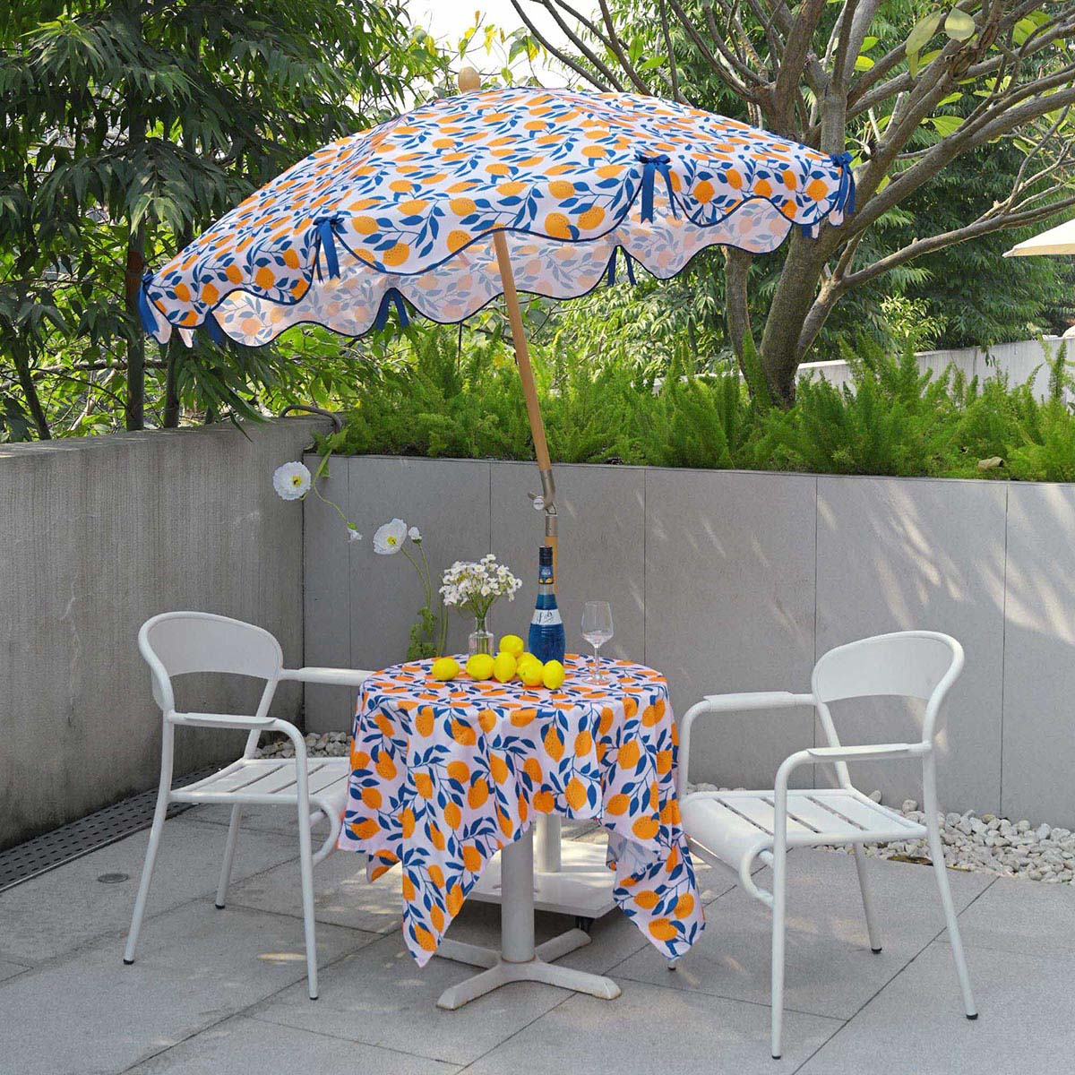 green floral patio umbrella LAGarden 6ft Outdoor Patio Wood Market Umbrella Scalloped Edge 8-Rib