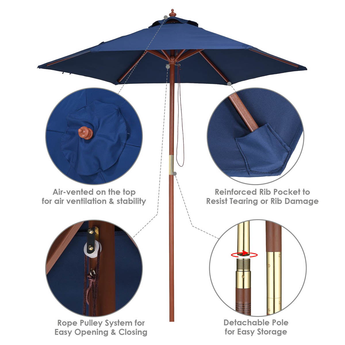 Yescom 7ft Patio Wood Market Umbrella 6-Rib for Golf Courses/Country C