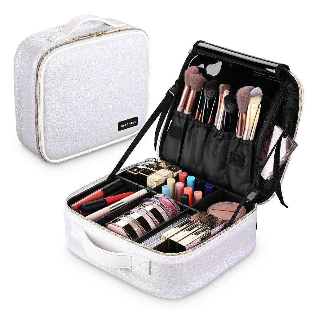 Yescom Sparkle Makeup Train Case w/ Dividers & Brush Holder, White Image