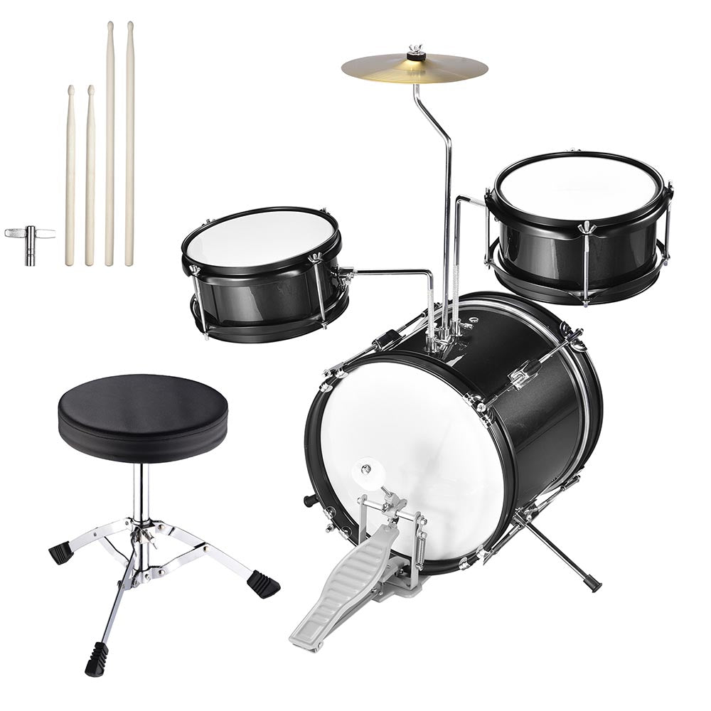 Yescom Junior Kids Drum Set w/ Cymbal Drum Throne 3pcs 12inch, Black Image