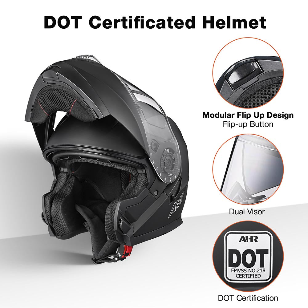 ahr motorcycle helmets AHR RUN-M3 Modular Helmet Flip Up DOT 2-Visors Matte Black