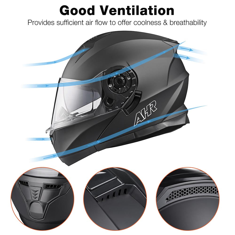 air flow motorcycle helmet AHR RUN-M3 Modular Helmet Flip Up DOT 2-Visors Matte Black