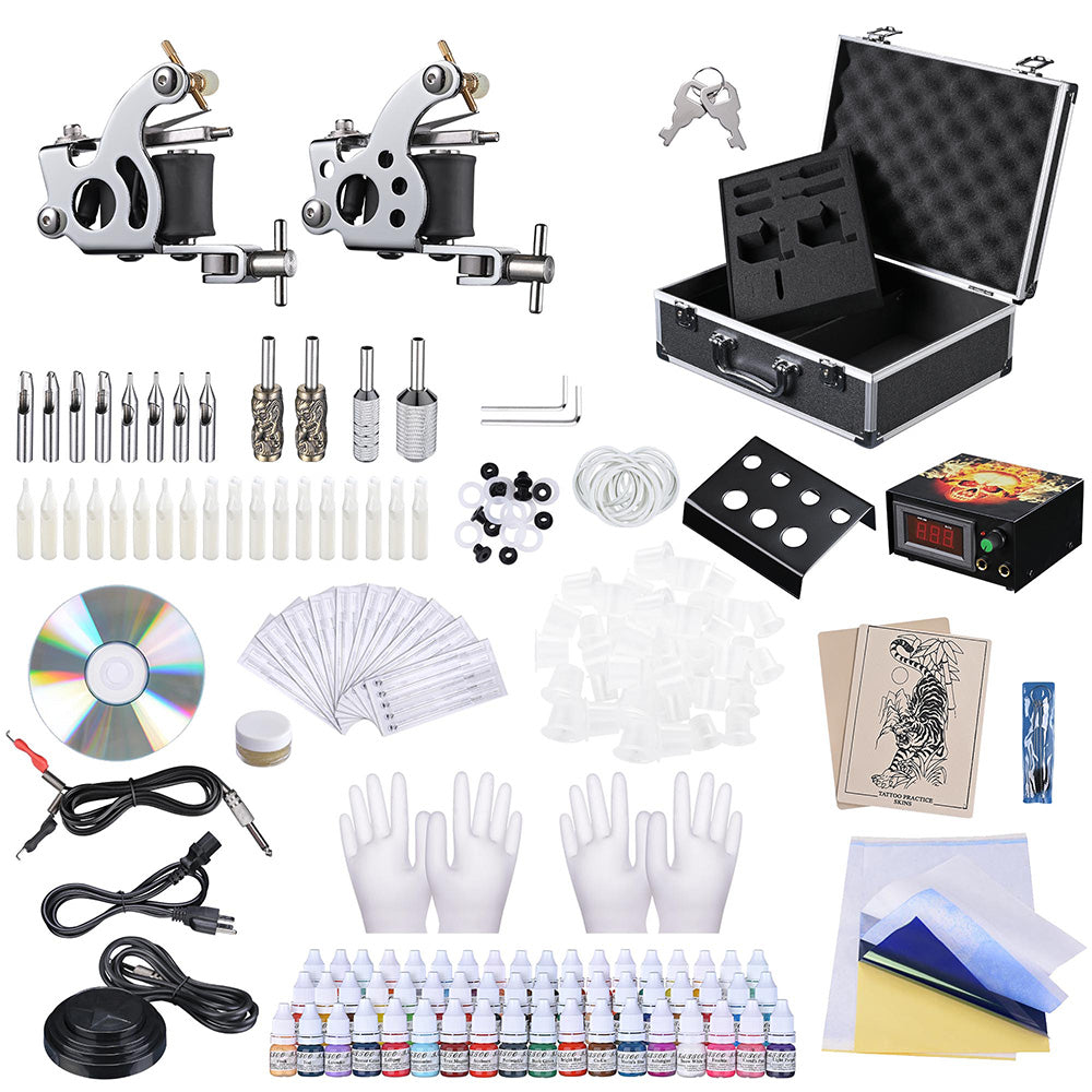 Yescom 2 Tattoo Machine Kit w/ LCD Power Supply 54 Color Inks & Case Image