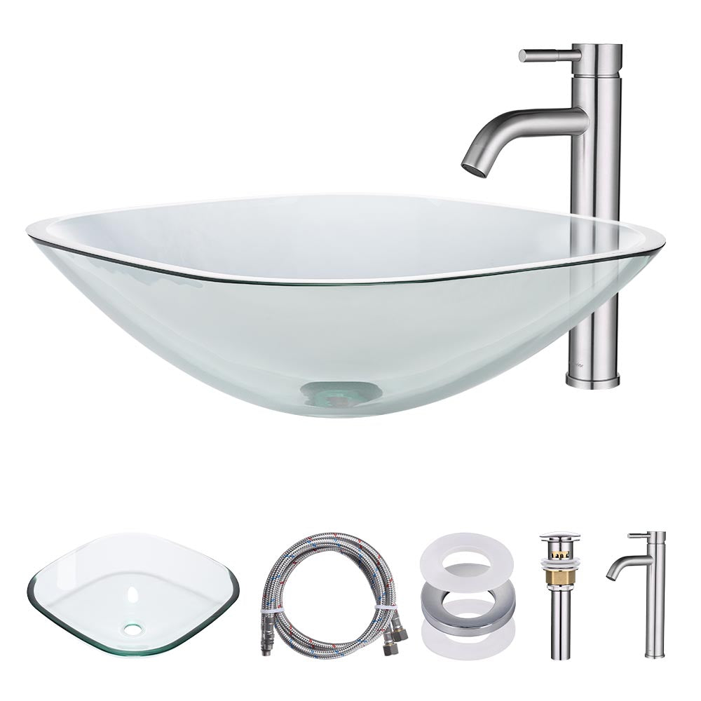 Yescom Square Bathroom Glass Vessel Sink Bowl Lavatory Basin, Sink+Faucet set Image