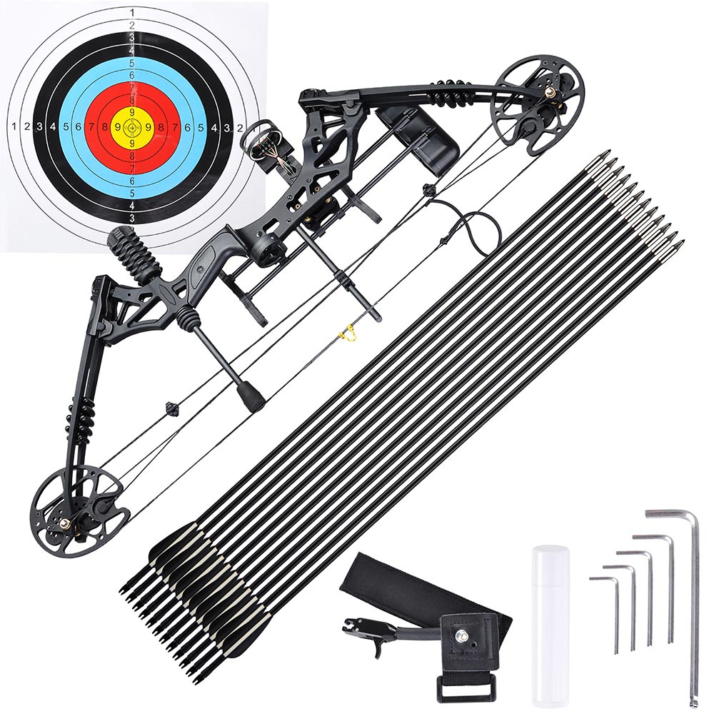 Yescom Archery Compound Bow Kit & 12 Carbon Arrows Fishing Bow, Black Image