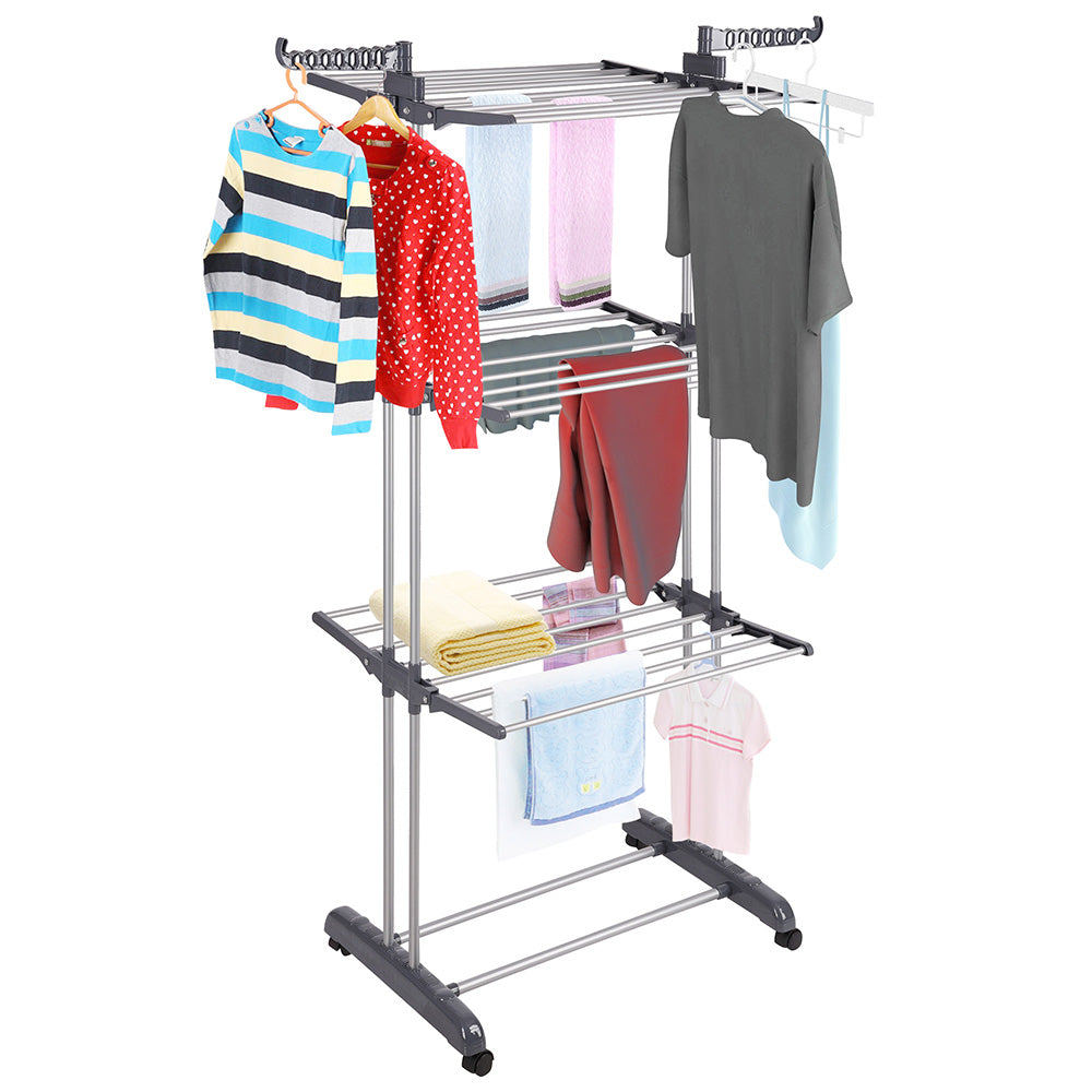 Yescom Laundry Folding Clothes Dryer Rack 3 Tiers w/ Casters Dark Gray Image