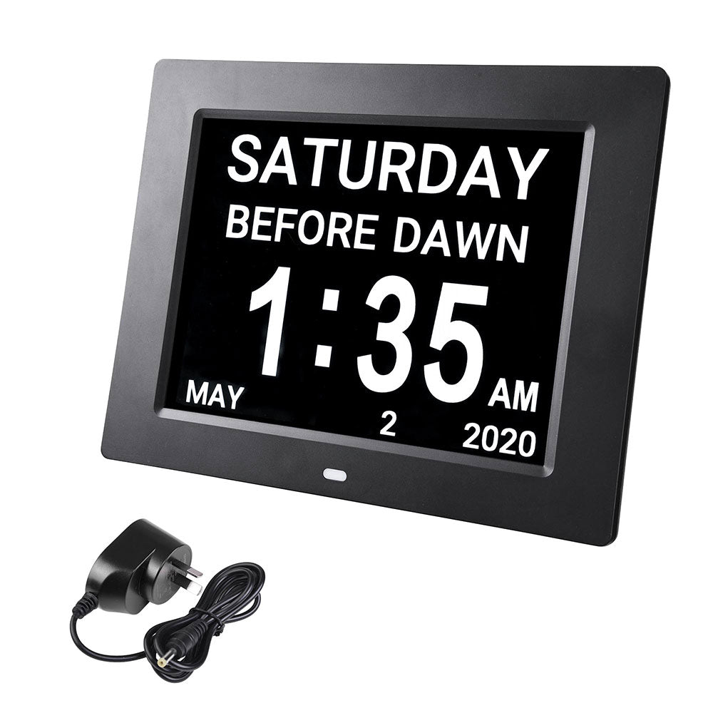 Yescom 8in Large Digital Calendar Day Clock with 6-Alarm Black/White, Black Image