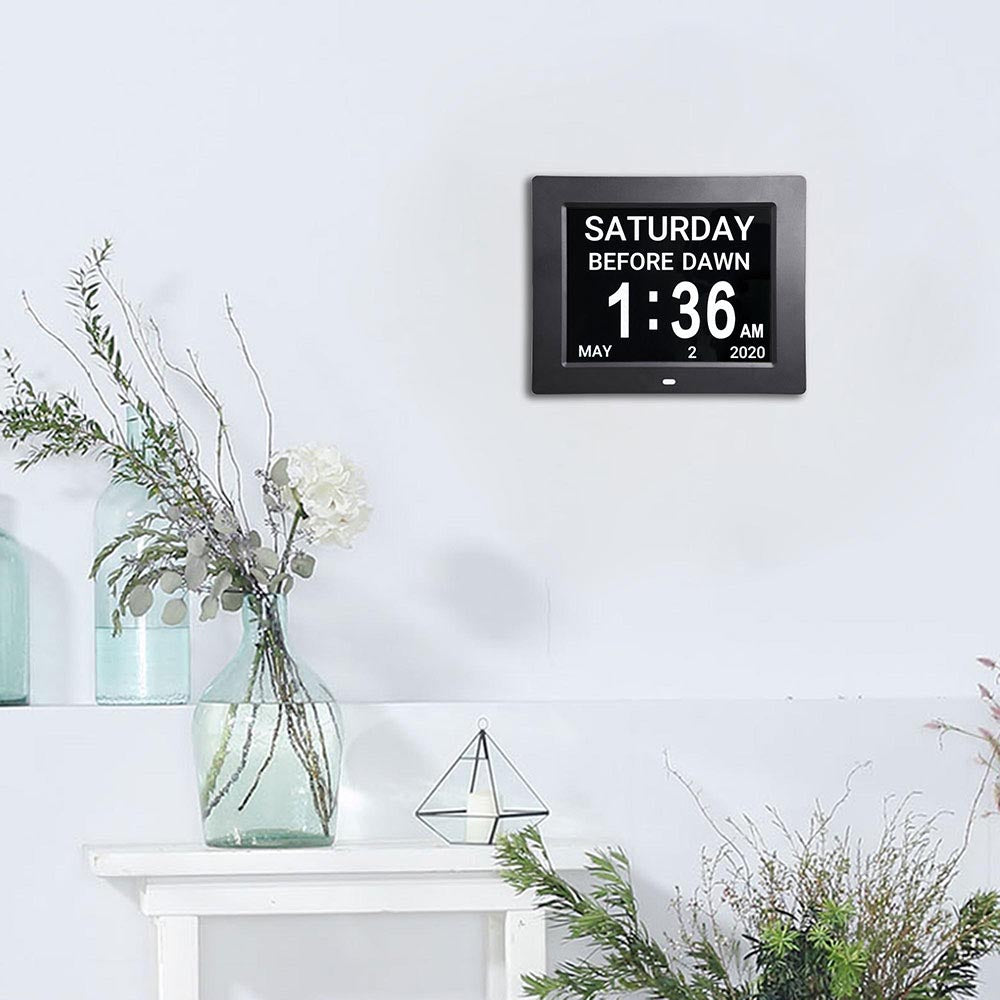 Yescom 8in Large Digital Calendar Day Clock with 6-Alarm Black/White Image