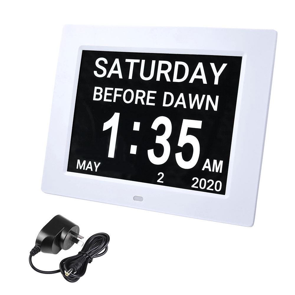 Yescom 8in Large Digital Calendar Day Clock with 6-Alarm Black/White, White Image