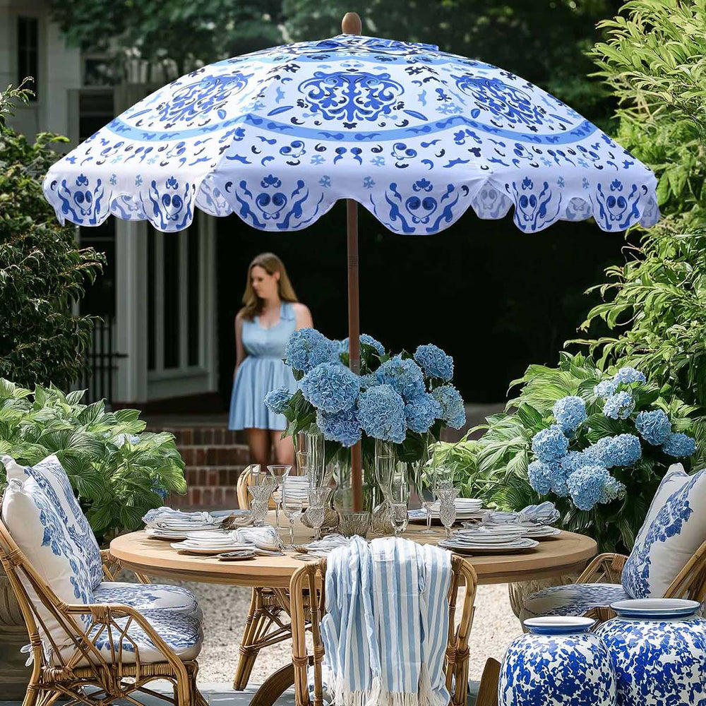 blue floral patio umbrella LAGarden 6ft Outdoor Patio Wood Market Umbrella Scalloped Edge 8-Rib