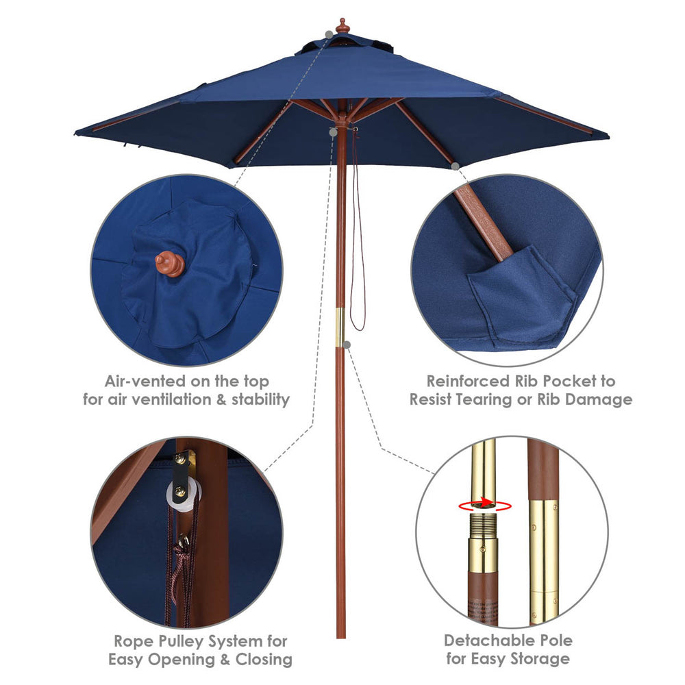 Yescom 7ft Patio Wood Market Umbrella 6-Rib for Golf Courses/Country Clubs