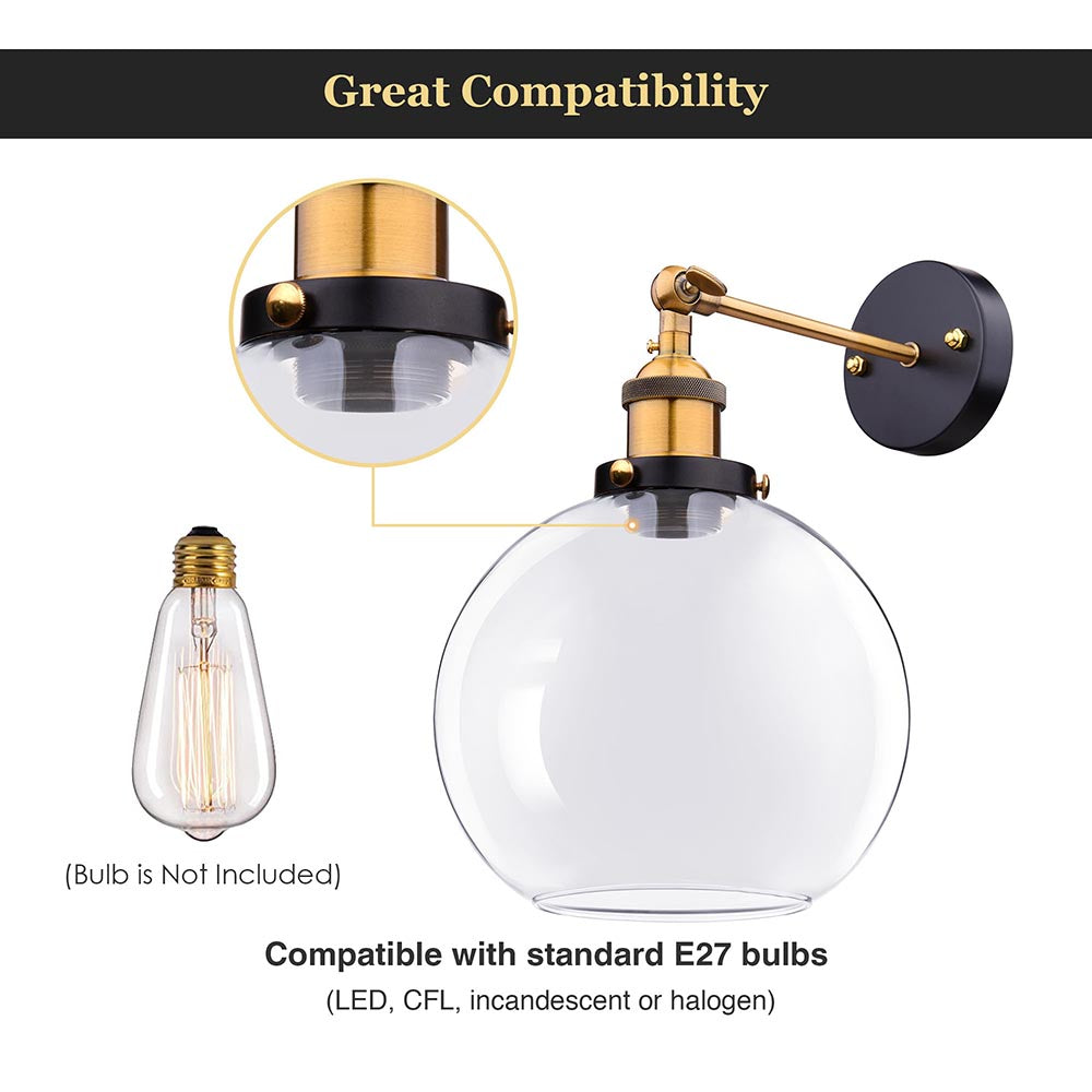 Yescom 8 in Vintage Clear Glass Globe Shade Wall Lamp 1 Light Image
