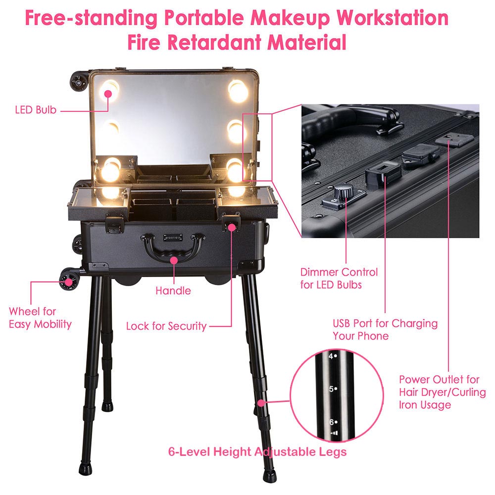 Yescom Rolling Studio Makeup Case with Lighted Mirror & Legs, M Image