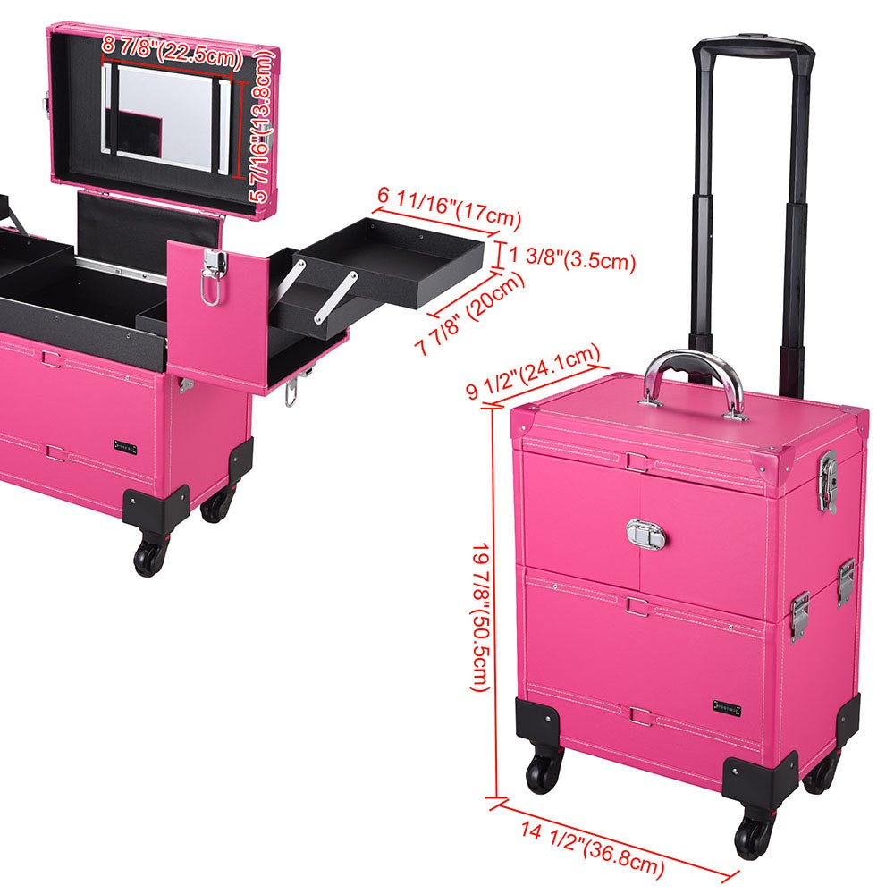 Yescom Rolling Makeup Case Lockable w/ 4-Wheel Mirror Pink Image