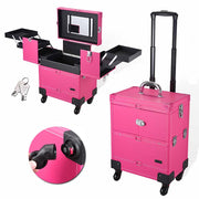 Yescom Rolling Makeup Case Lockable w/ 4-Wheel Mirror Pink Image