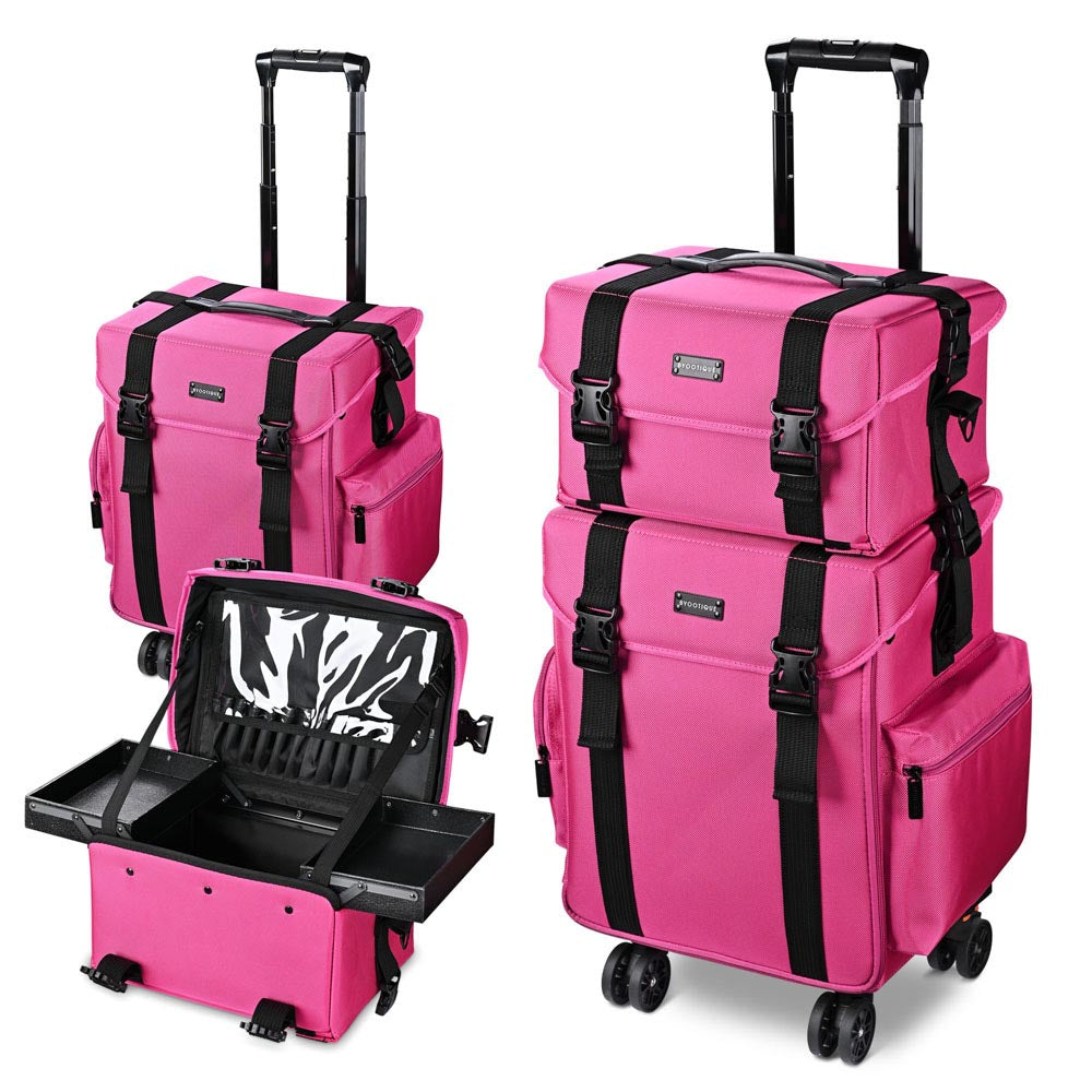 Yescom 2 in 1 Rolling Makeup Suitcase with Drawers Nylon, Pink Image