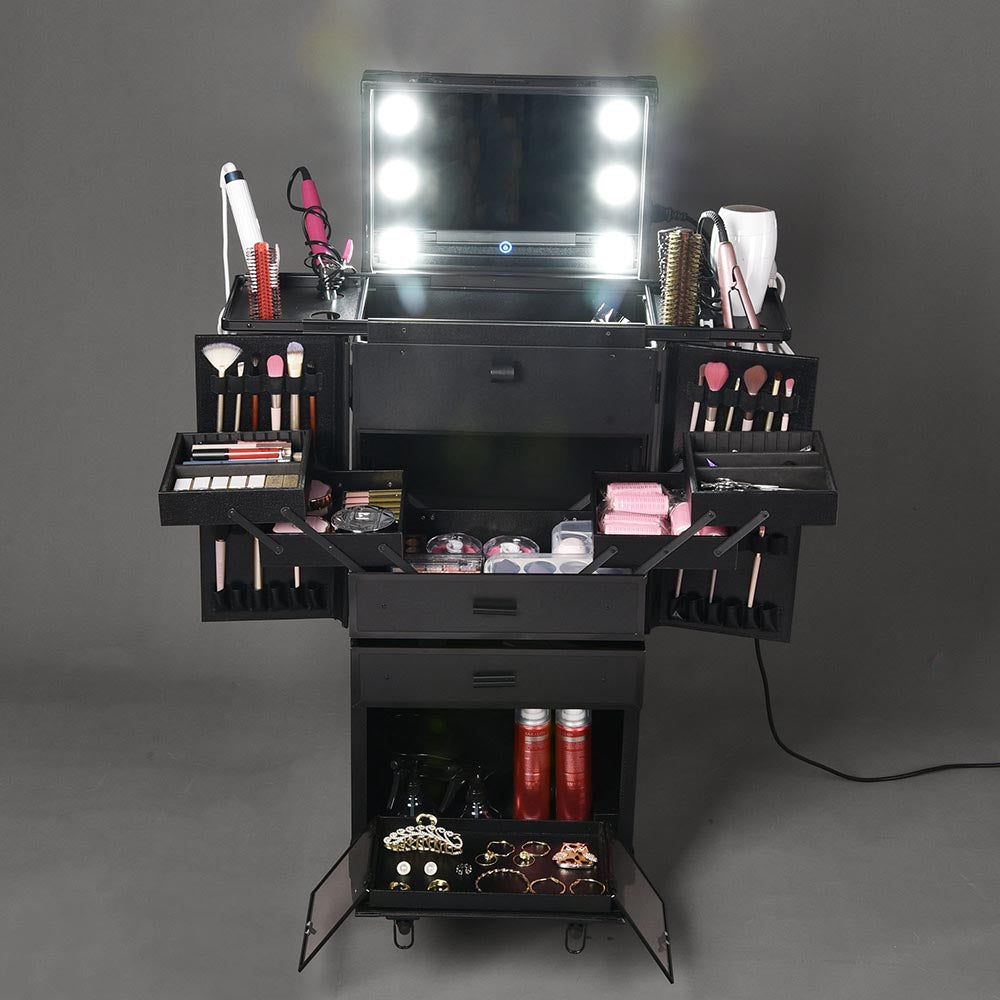 Yescom Professional Artist Rolling Makeup Case w/ Light & Mirror Image