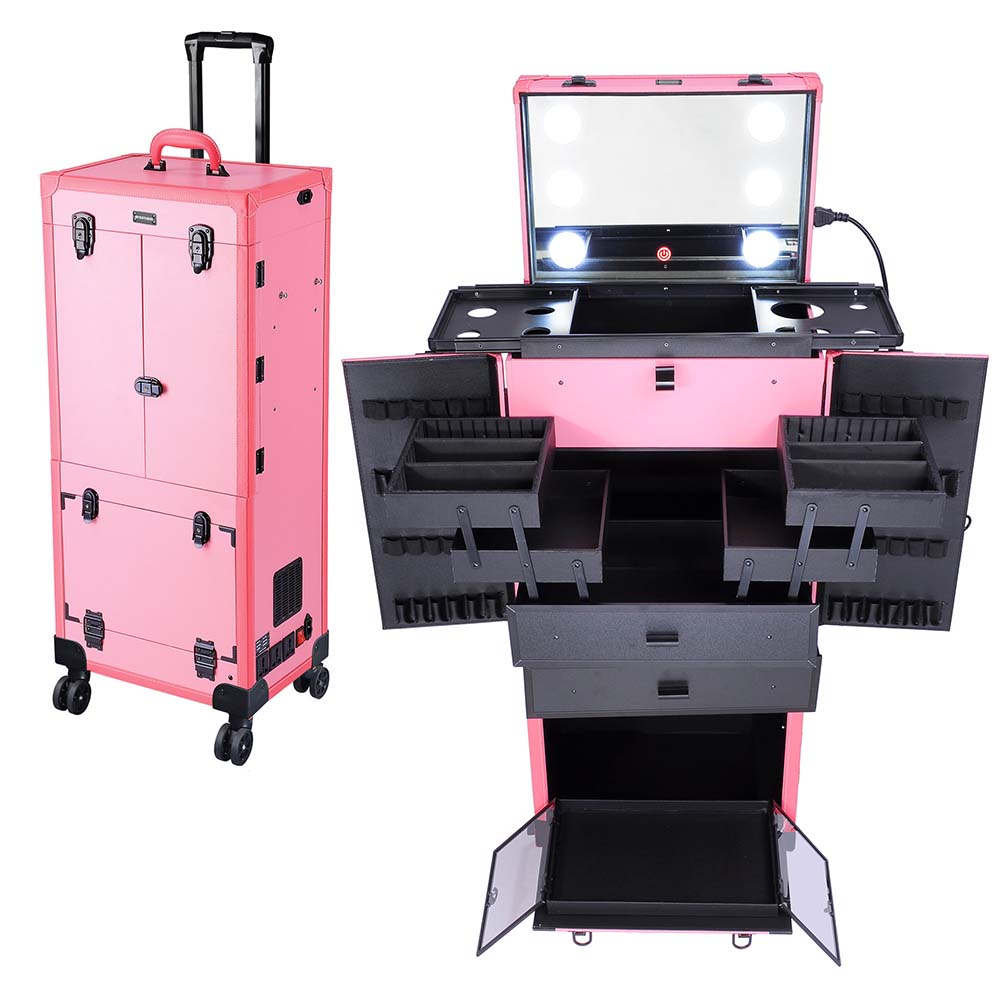 Yescom Professional Artist Rolling Makeup Case w/ Light & Mirror, Pink Image