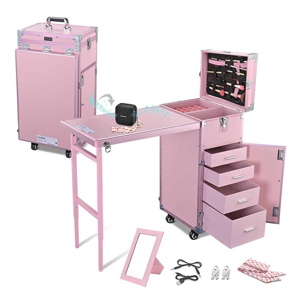 Yescom Nail Table Makeup Station Speaker Drawers Mirror, Pink Image