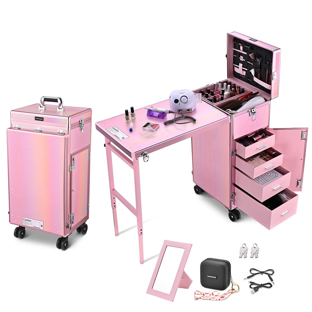 Yescom Nail Table Makeup Station Speaker Drawers Mirror, Unicorn Pink Image