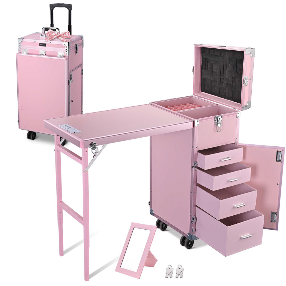 Yescom Nail Table Makeup Station Speaker Drawers Mirror, Pink Image