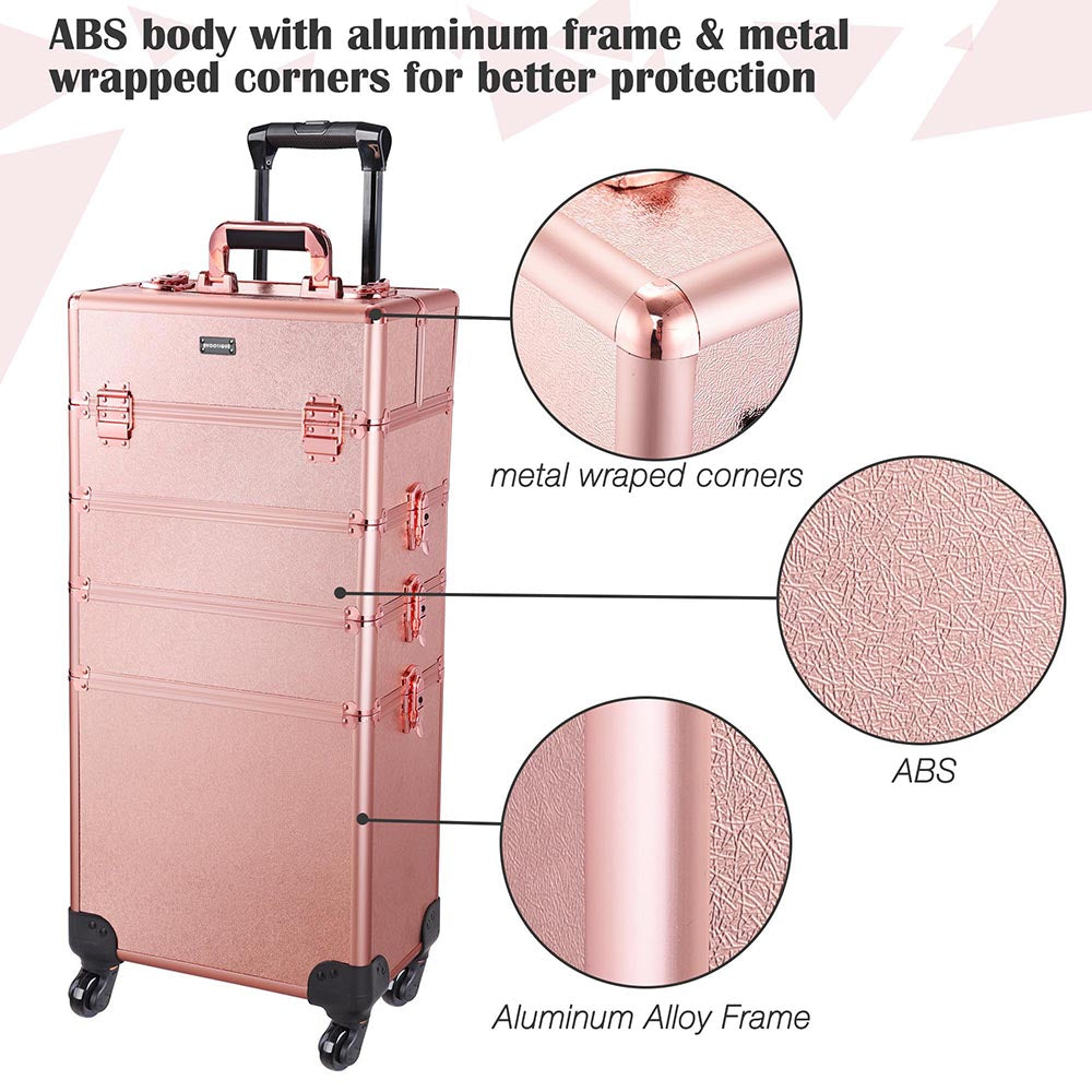 Yescom 4 in 1 Rolling Makeup Case Pink Champagne Image