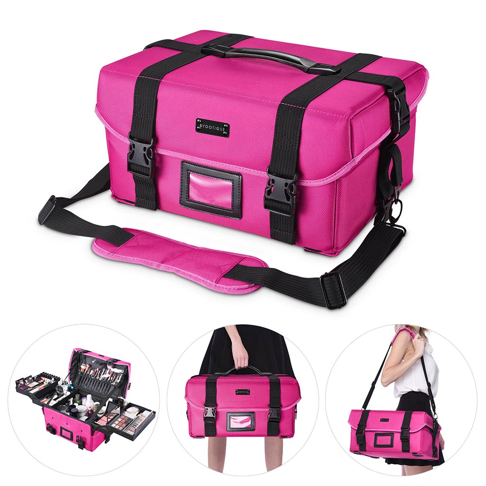 Yescom Makeup Train Case Cosmetic Organizer Bag w/ Strap, Pink Image