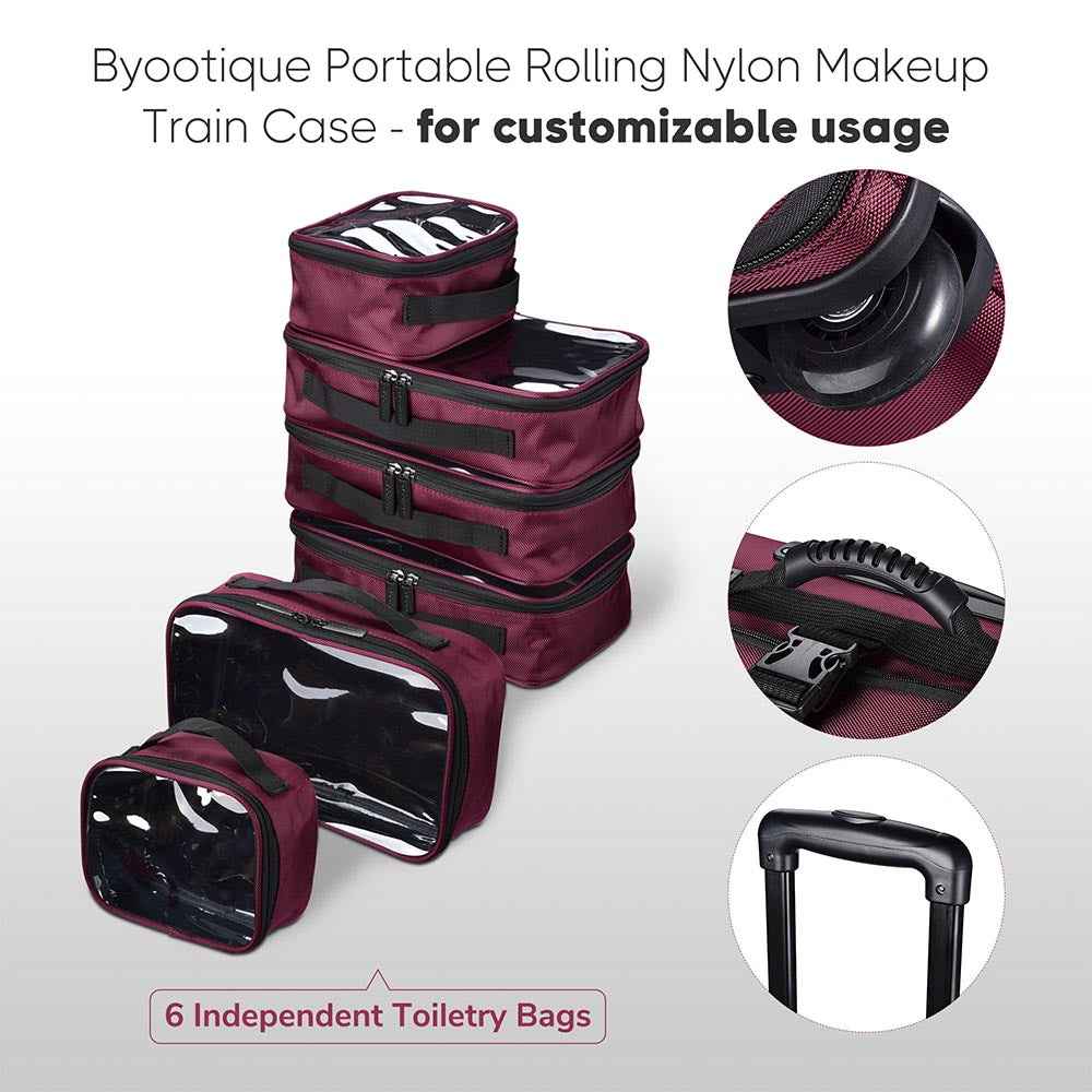 Byootique Rolling Makeup Case w/ 6 Makeup Organized Bags