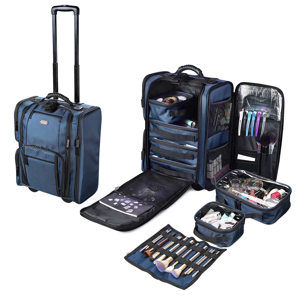 Yescom Rolling Makeup Case w/ 6 Makeup Organized Bags, Blue Image