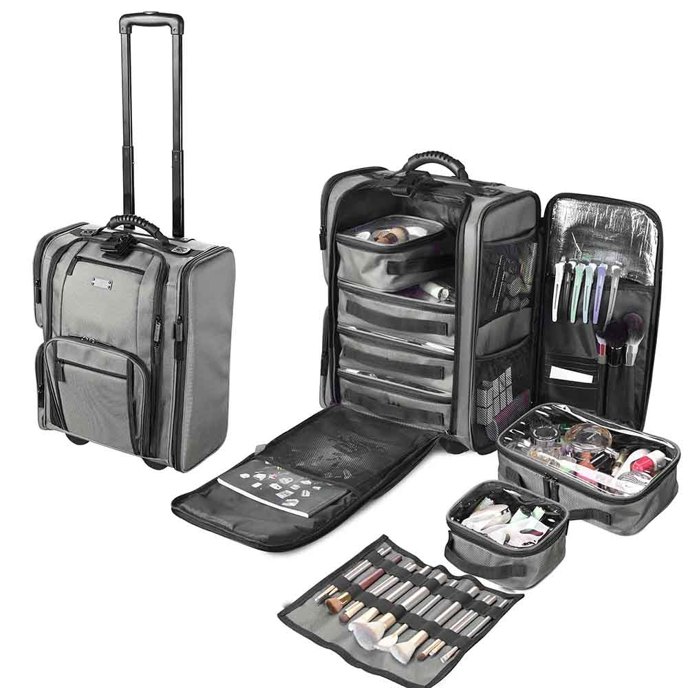 Yescom Rolling Makeup Case w/ 6 Makeup Organized Bags, Gray Image