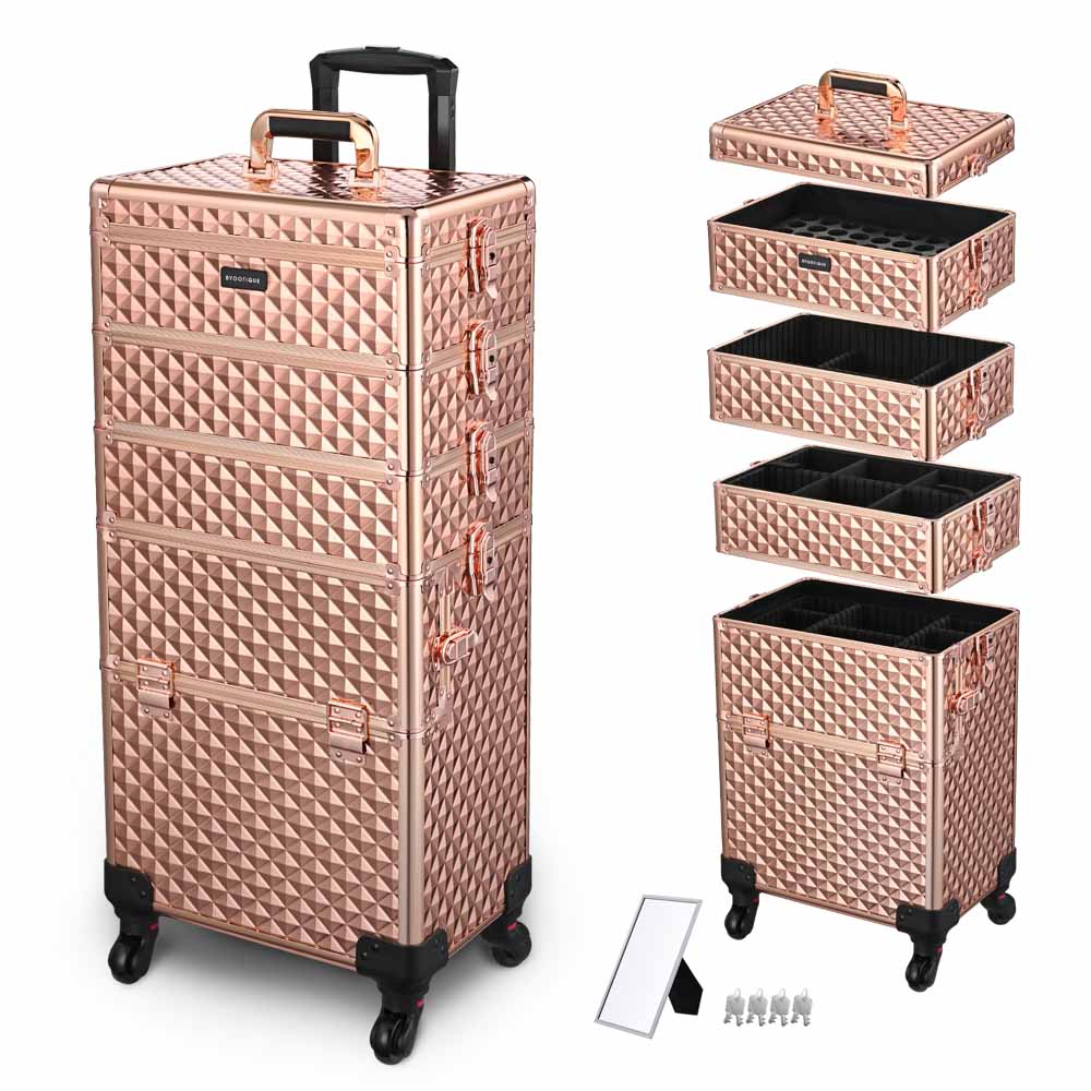 Yescom 4 in 1 Rolling Makeup Case with Lock Nail Polish Slots, Rose Image