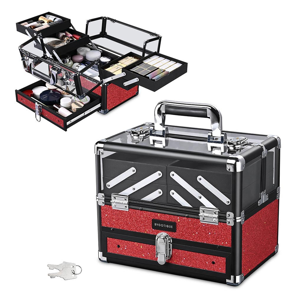 Yescom Sparkle Makeup Train Case 2-Tier Extendable Trays, Red Image