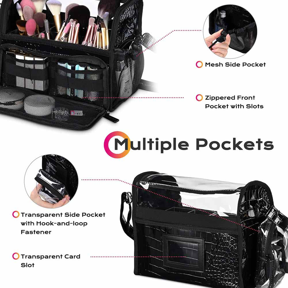 Byootique Portable Glitter Makeup Train Case Brush Holder Cosmetic Bag Travel, Black
