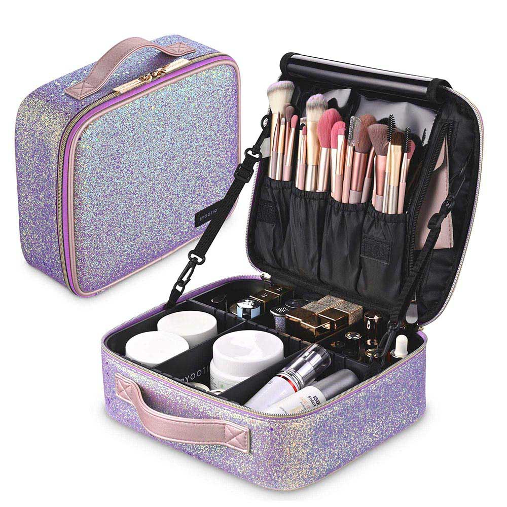 Yescom Sparkle Makeup Train Case w/ Dividers & Brush Holder, Purple Image