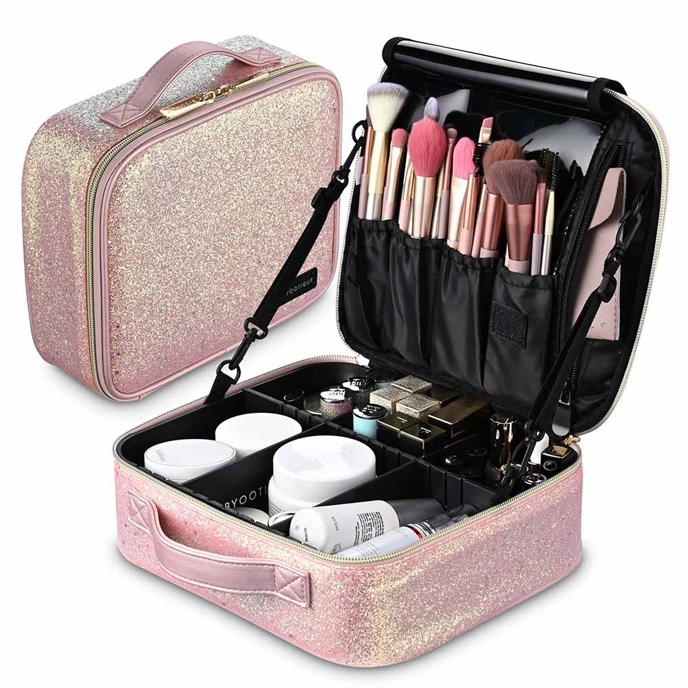 Yescom Sparkle Makeup Train Case w/ Dividers & Brush Holder, Pink Image