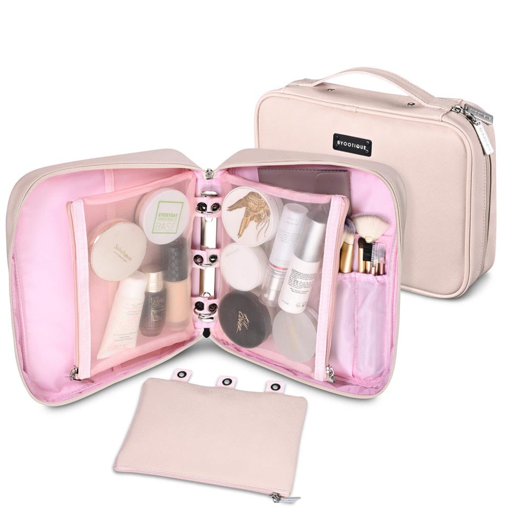 Yescom Binder Makeup Bag with Brush Holders & Pouches, Pink Image