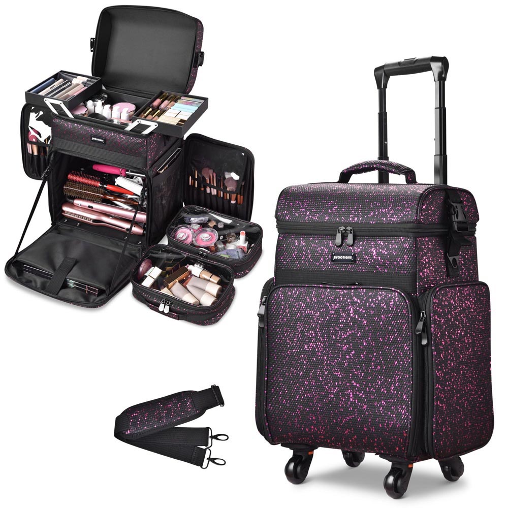 Yescom Hair Stylist Rolling Case Makeup Organizer 2-Tier, Purple Image