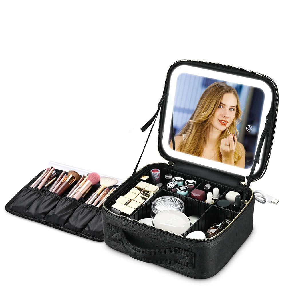 Yescom Small Lighted Makeup Case with Mirror Dividers Brush Holder, Black Image