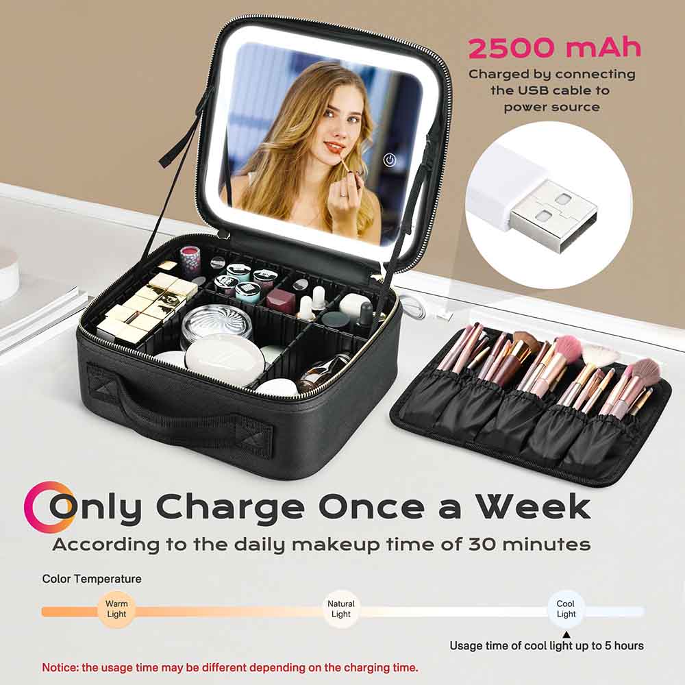 Yescom Small Lighted Makeup Case with Mirror Dividers Brush Holder Image