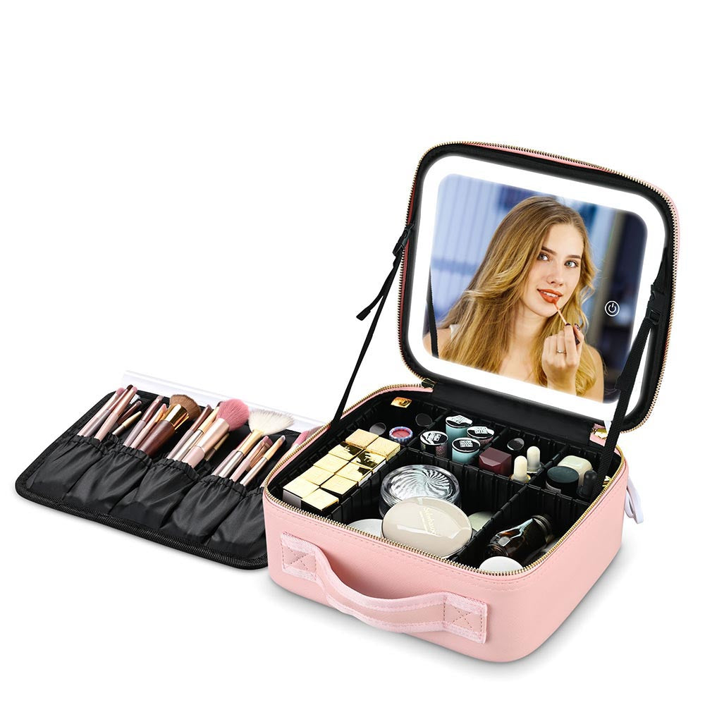 Yescom Small Lighted Makeup Case with Mirror Dividers Brush Holder, Pink Image