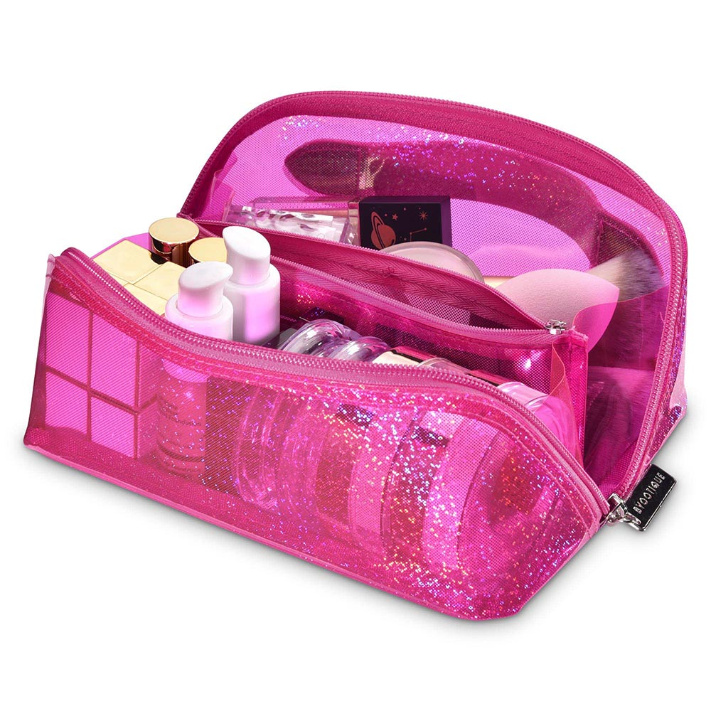 Yescom Sparkle Travel Cosmetic Bag with Compartments, Barbie Pink Image