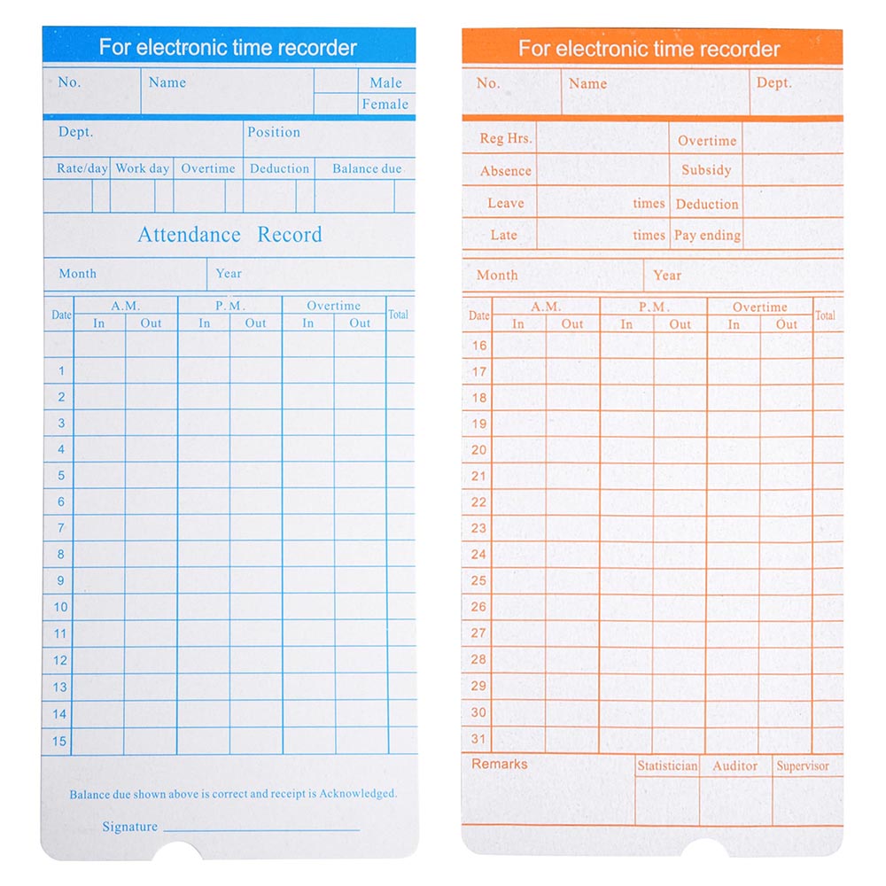 Yescom Attendance Cards Monthly Records Double Sided 50 Card / Pack Image