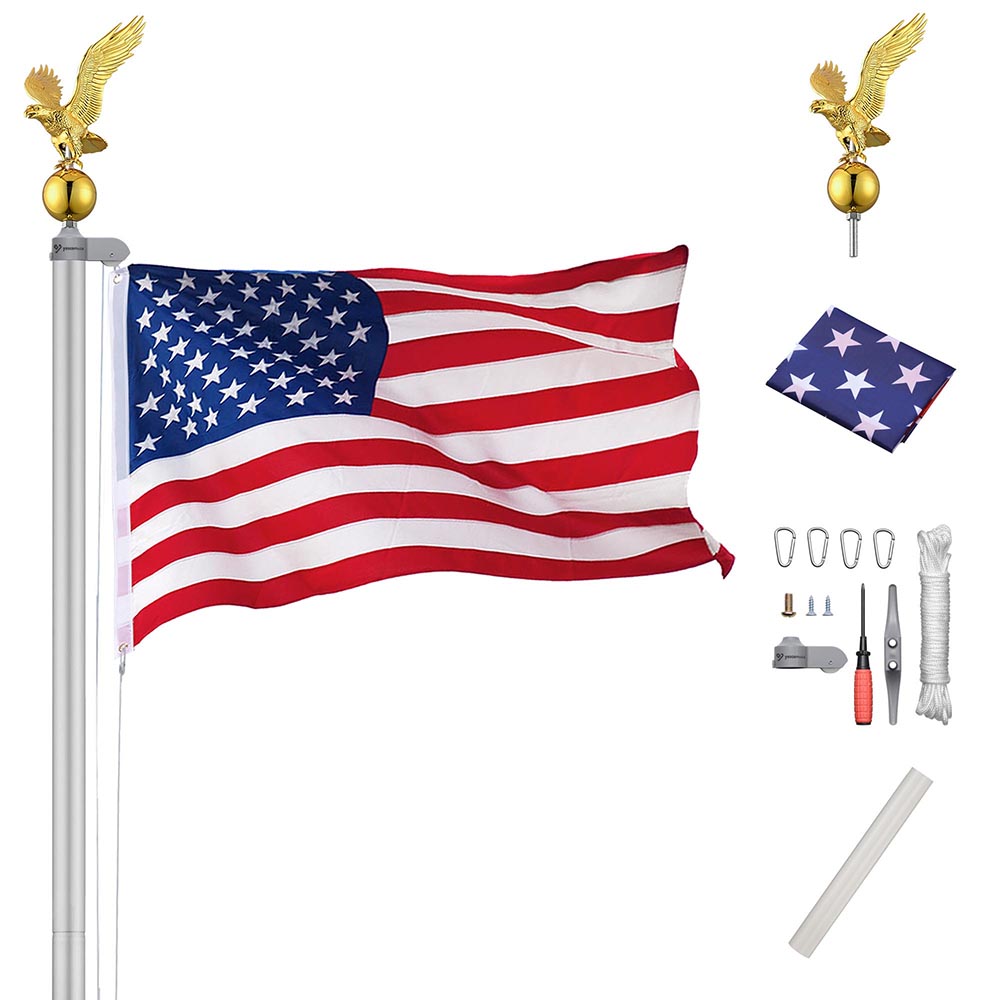 Yescom Aluminum Sectional Flagpole Kit with US Flag 20', Silver Pole+Gold Eagle Image