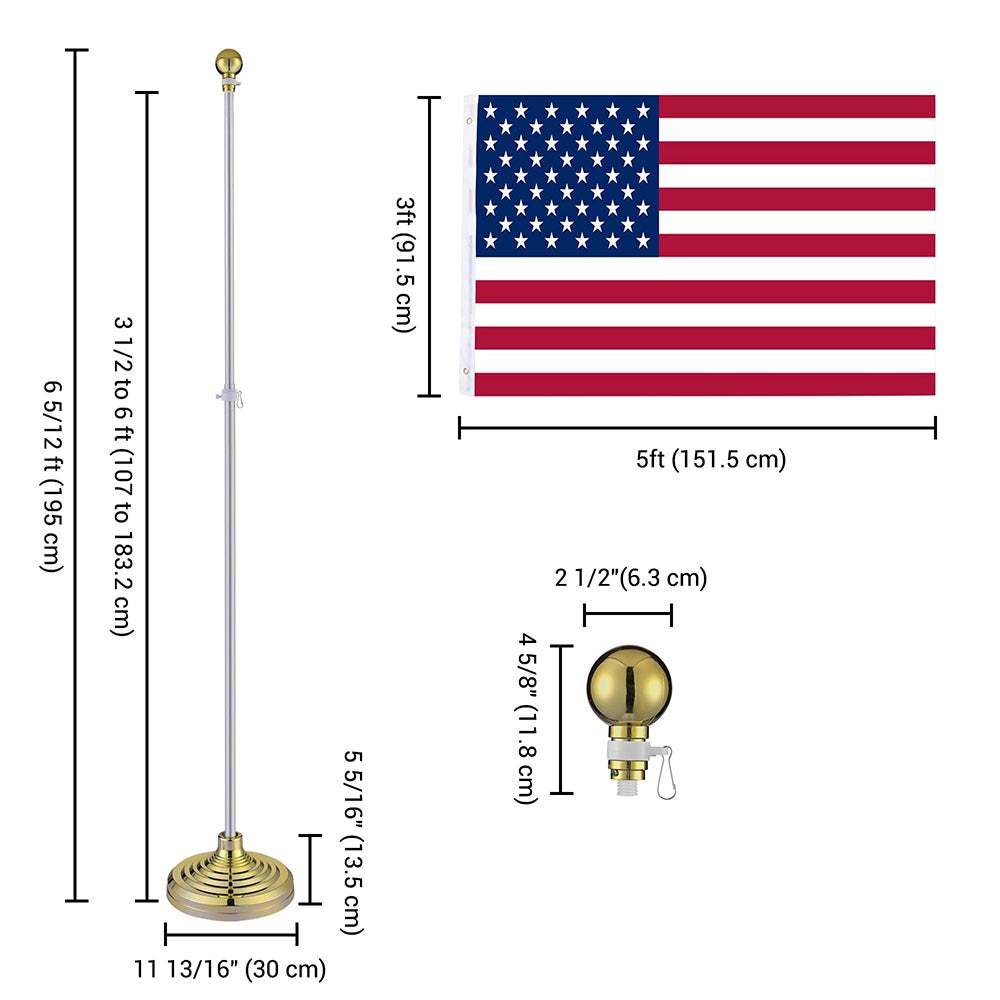 Yescom 8' Indoor Flagpole with Stand US Flag, Silver Pole+Ball Image