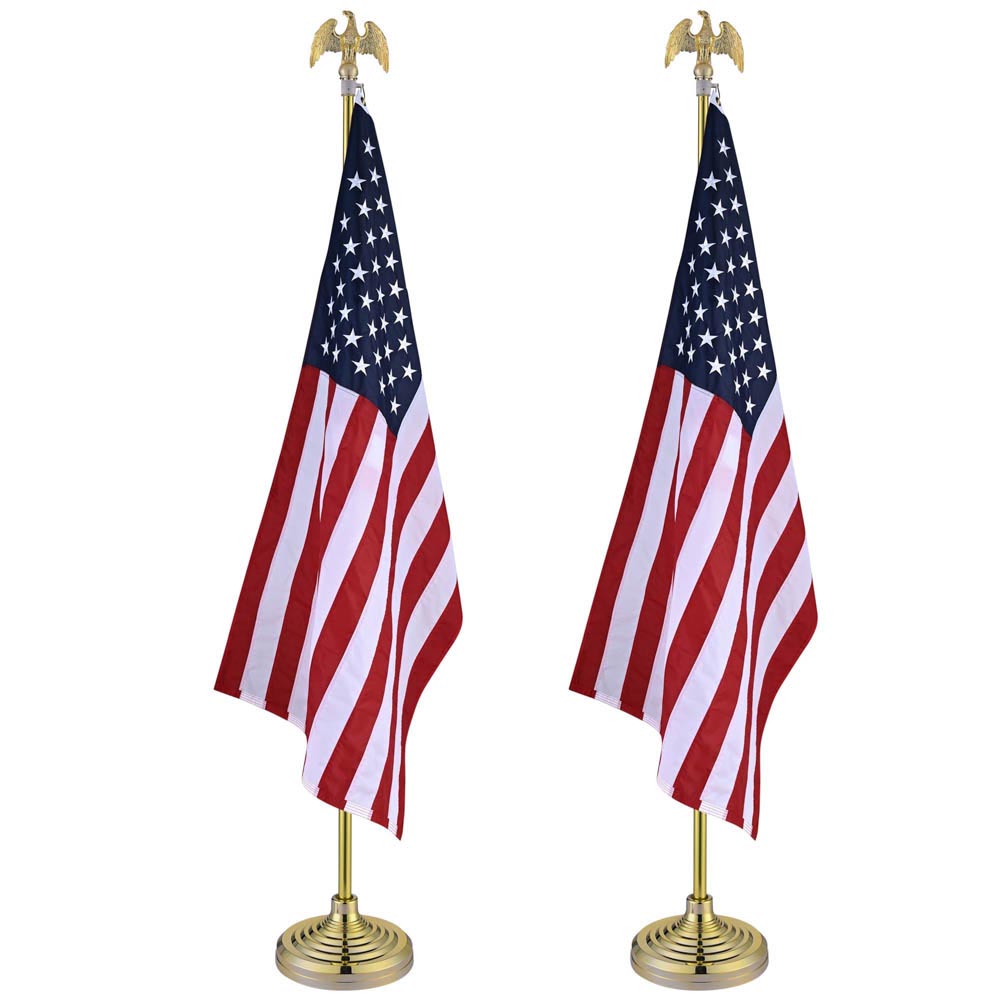 Yescom 6' Indoor Flagpoles with Stand US Flag 2-Pack, Gold Pole+Eagle Image