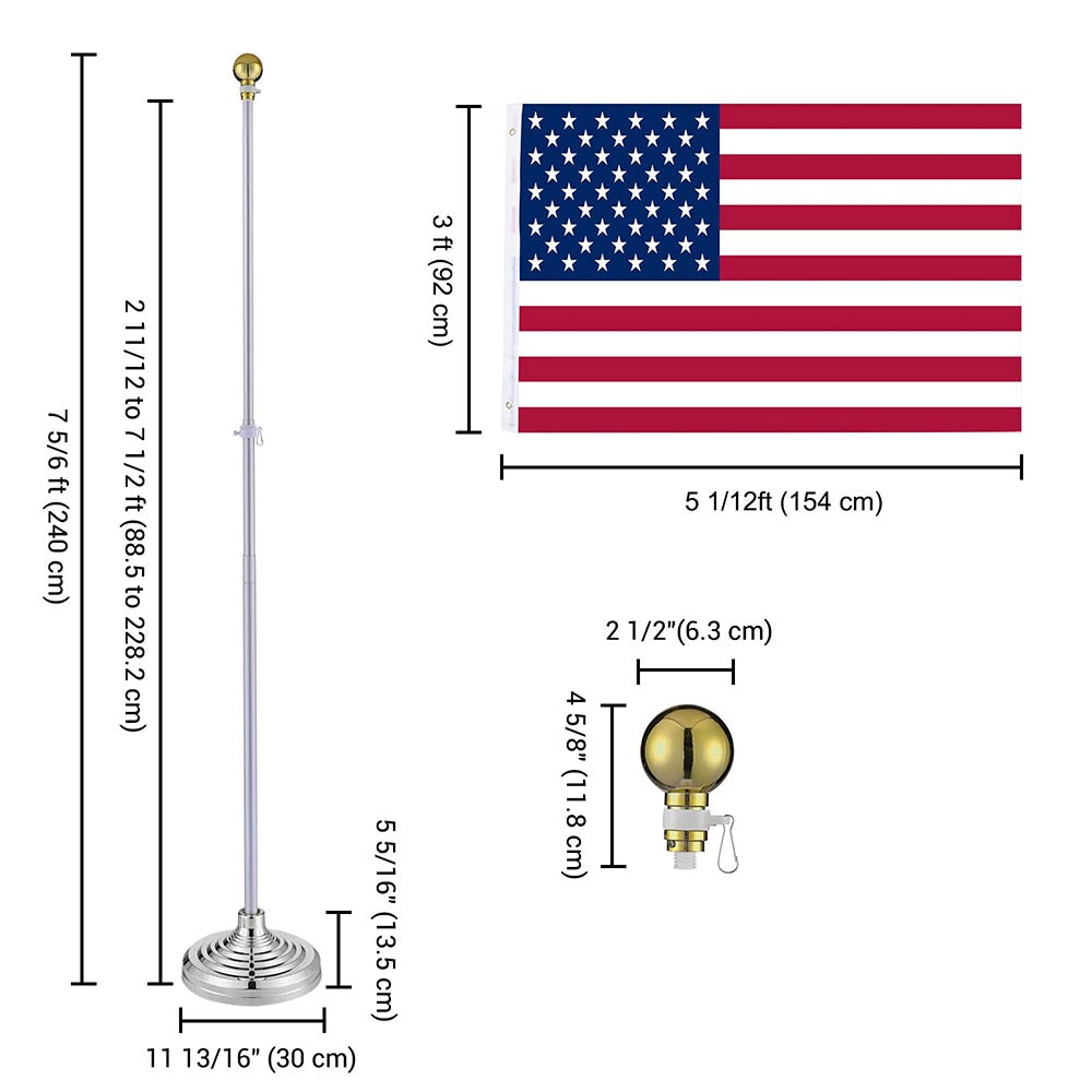 Yescom 8' Indoor Flagpole with Stand US Flag, Silver Pole Base+Ball Image