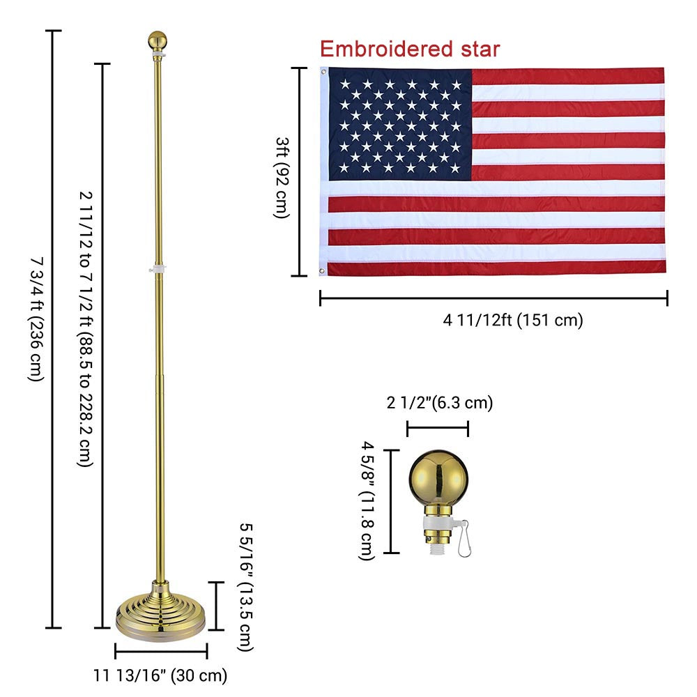 Yescom 8' Indoor Flagpole with Stand US Flag, Gold Pole+Ball Image
