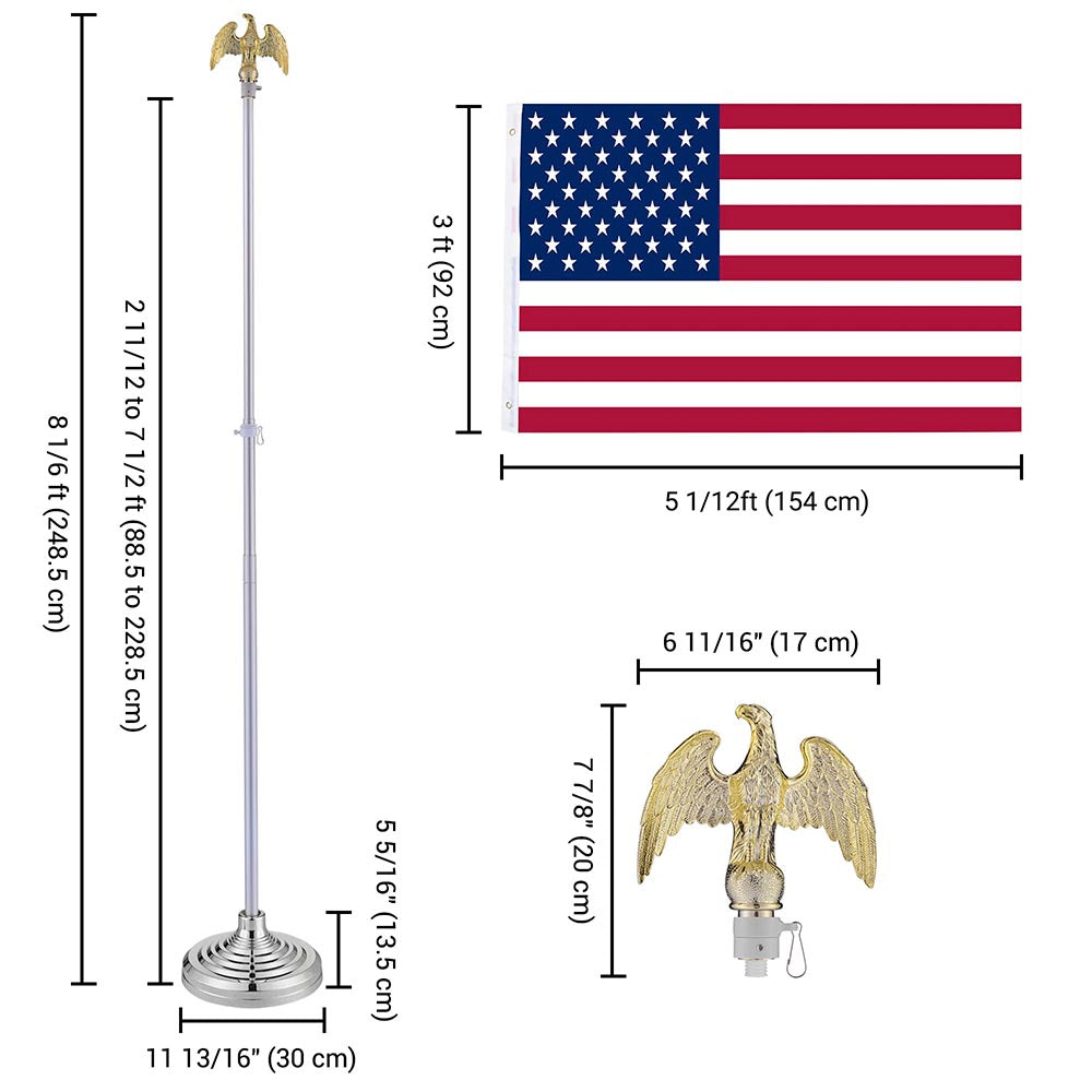 Yescom 8' Indoor Flagpole with Stand US Flag, Silver Pole Base+Eagle Image