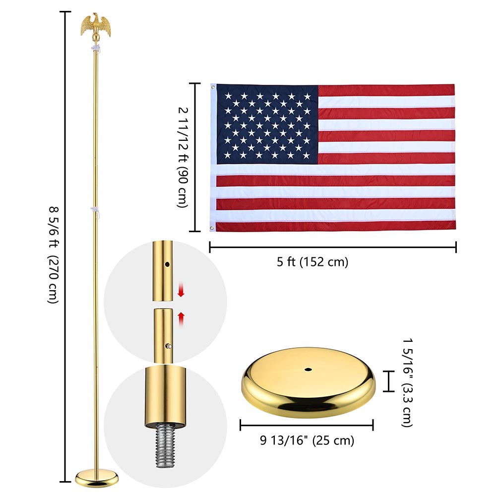 Yescom 8' Indoor Flagpoles with Stand US Flag 2-Pack, Gold Pole+Eagle Image